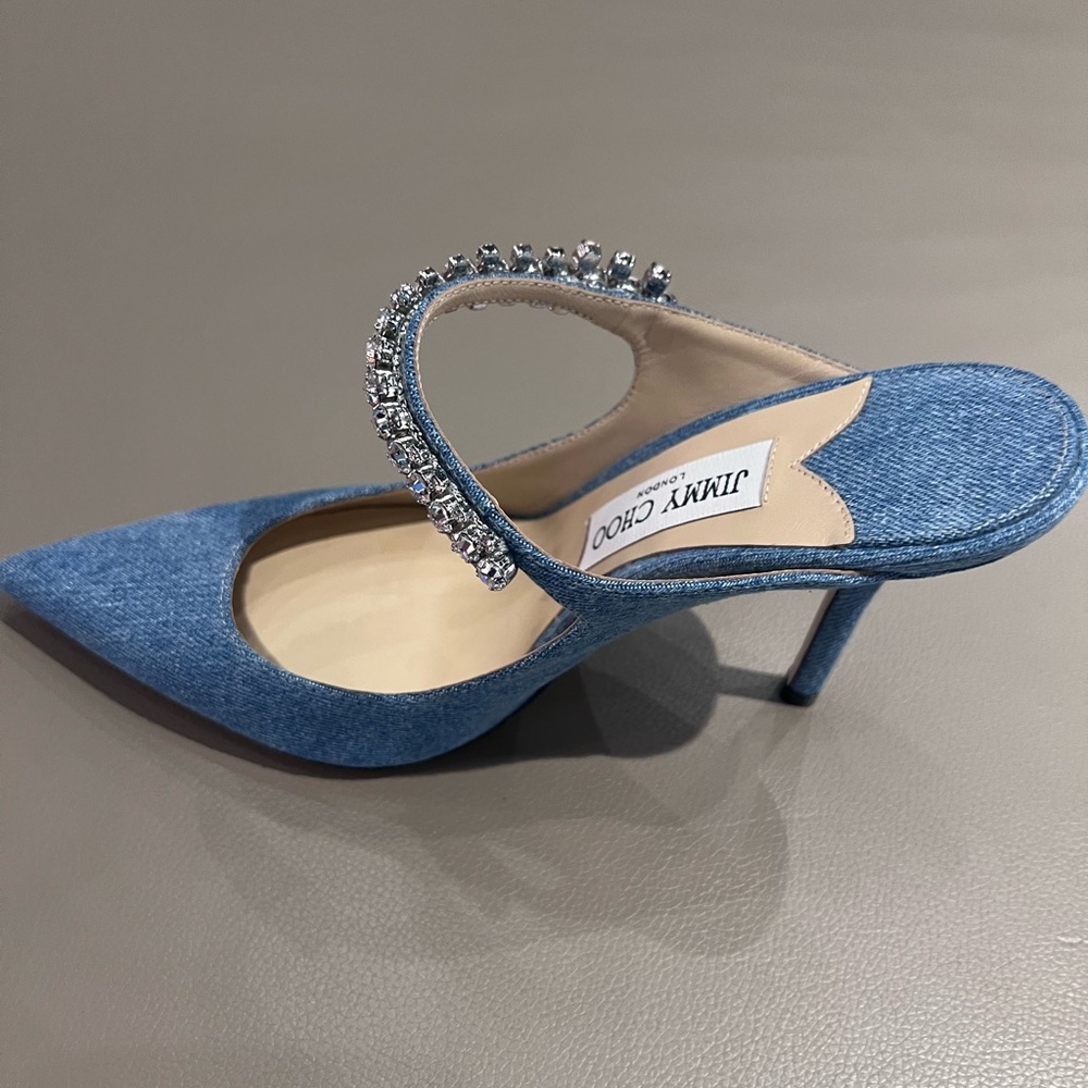 Jimmy Choo Bing 100 Crystal Embellished Strap Denim Mule Heels - Picture 4 of 6